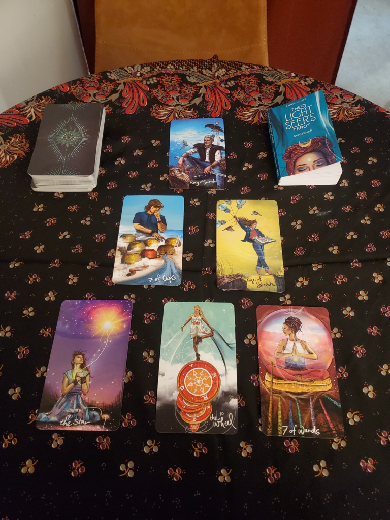 six tarot cards placed in a pyramid formation with the deck on the left and the booklet on the right